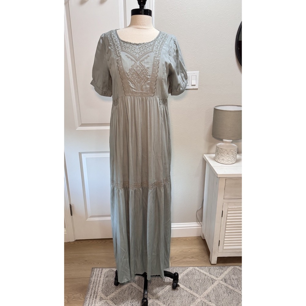Orange Creek Summer Boho Prairie Grayish Green Maxi Embroidered Dress SZ S